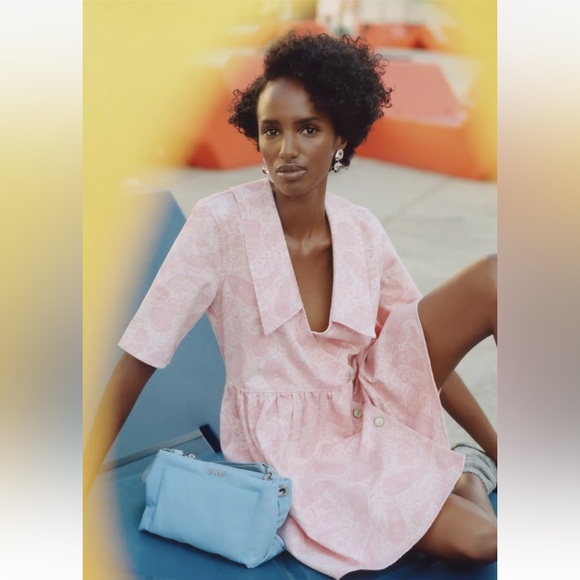 GANNI Denim Paisley Floral Boho Oversized Mini Wrap Dress 12 Pink XL (44) - Picture 7 of 16